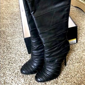 L.A.M.B. Black Leather “Barrett” Tiered Knee High